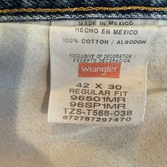 Wrangler Regular Fit Jeans 42x30 Made in Mexico Vintage Y2K Faded Wash - Picture 2 of 11